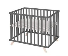 roba Parque Infantil de Madera Maciza Ecológica 75 x 100 cm + Tapete de Parque Lil Planet Gris - Certificado OEKO-TEX y GOTS - Base Ajustable en Altura - Diseño Retro - Lacado Antracita