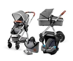 kk Kinderkraft VEO Carrito bebé 3 Piezas, Silla de Paseo, 3 en 1, Carro bebé, para bebés, Capazo, Travel System, Sistema de Viaje, Con accesorios, Góndola, Silla de coche, Plegado, 15 kg, Gris
