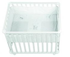 Parque de madera maciza lacada en blanco Roba, diseño Fox & Bunny, parque infantil de 75x100 cm, segura superficie de juegos con suelo y protector lateral acolchado, ruedas incluidas.