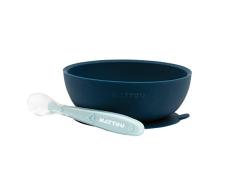 Nattou Vajilla de silicona para niños, Tazón antideslizante + Cuchara, sin BPA, Silicona, Azul marino/azul claro