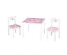 Conjunto de asientos roba 'Corona', Conjunto de muebles infantiles compuesto por dos sillas y una mesa de juegos, decoraciones con Princesas, Palacios y otros complementos en rosa.