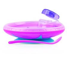 Nuby ID5342PINK - Plato de agua caliente con ventosa y cuchara 6m+