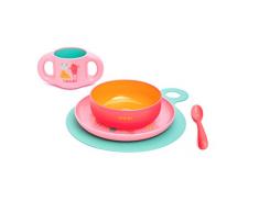 Suavinex - Set Vajilla Aprendizaje BOOO (Taza, Plato, Bol, Cuchara y Mantel). Vajilla Bebés +6 Meses. Apto Para Microondas y Lavavajillas, Color Rosa