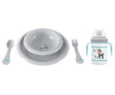 Bébé-Jou 659838 - Cuenco, plato, tenedor, cuchara y biberón para bebé, diseño de ciervos, color gris, azul y blanco