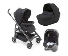 Chicco Trio Love Up Carrito de Bebé 3 Piezas con Sistema de Viaje Apto de 0 a 36 Meses, Silla de Paseo Bebé con Capazo, Capota y Silla para Coche, Ligera y Plegable Cierre Compacto, Negro (Black)