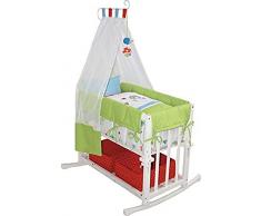 Cuna de colecho roba 4 en 1, con vestiduras 'Woodland marriage', utilizable como cuna de colecho, cuna balancin, cuna normal y banco para niños, fabricada en madera lacada en blanco y con vestiduras completas, y ropa de cuna de (80x80cm)
