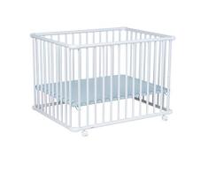 Corralito Geuther Belami Plus - corralito fácil de desmontar, probado por el TÜV, de madera en blanco, decoración: gris, tamaño: 76 cm x 97 cm