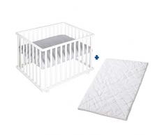 roba Parque Infantil 75 x 100 cm + Colchón y Alfombra de Corralito roba Style Gris, Altura Ajustable, Ruedas con Frenos, Madera Blanca