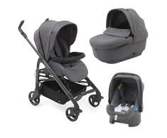 Chicco Trio Love Up Carrito de Bebé 3 Piezas con Sistema de Viaje Apto de 0 a 36 Meses, Silla de Paseo Bebé con Capazo, Capota y Silla para Coche, Ligera y Plegable Cierre Compacto, Gris (Moon Grey)