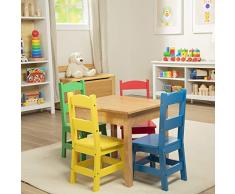 Melissa & Doug - Muebles infantiles - Mesa y 4 sillas de madera - Colores primarios (mesa natural y sillas en amarillo, azul, rojo y verde)
