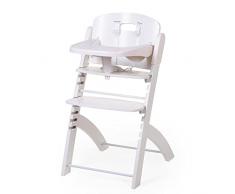 CHILDHOME, Trona Evolutiva : De 0 meses a 85KG, Tableta incluida, Madera de haya, Barra antivuelco, Arnés de seguridad de 5 puntos, Tornillos invisibles, Evosit blanco