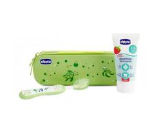 Chicco - Set dental Cepillo de dientes + Pasta Fresa con flúor 12+ m + Neceser Semi rígido color Verde