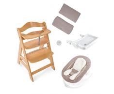 Hauck Newborn Set (4 Piezas): Trona Alpha en natural + Hamaca (con cojin reductor liso) en Stretch Beige + Bandeja en blanco + Cojín Deluxe en beige