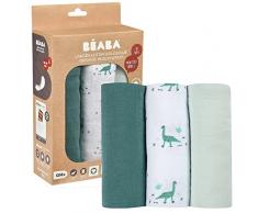 BÉABA, Pack de 3 muselinas para bebé, Muselina de algodón orgánico, Multiusos: arrullo, babero, manta, trapito, Ultrasuaves, Transpirables, Grandes, 70 x 70, Ecológicas y seguras, Motivo Jurásico