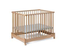 Geuther - Corralito Euro-Parc +, probado por el TÜV, regulable en altura, plegable, fondo acolchado, alfombra con ruedas, 76 x 97 cm, natural, oveja