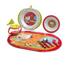Jané - Set Vajilla de Melamina con Plato Termo con Embudo, Salvamantel, Bol, Taza con Tapa y Cubiertos, Apto Microondas, Ideal para Regalo