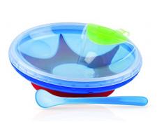 Nuby ID5342BLUE - Plato de agua caliente con ventosa y cuchara 6m+