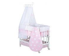 Cuna de colecho roba 3 en 1 Little cloud rosa, cuna de colecho, cuna normal y banco infantil, fabricada en madera y lacada en blanco. Textiles y saco de dormir.