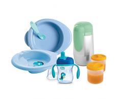 Chicco Set de Comida Infantil 6 m+, Juego Vajilla para Destete con Plato Térmico, Plato Llano, Vaso de Aprendizaje para Bebé, Cuchara, Termo Aceo Inoxidable y 2 Contenedores de Comida, Color Azul