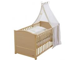 Juego de cuna completa roba, diseño Lovely Bear, cuna en acabado madera natural incluye funda de nordico, protector de cuna, dosel y colchón, cuna de 70x140cm transformable en cama infantil.