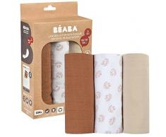 BÉABA, Pack de 3 muselinas para bebé, Muselina de algodón orgánico, Multiusos: arrullo, babero, manta, trapito, Ultrasuaves, Transpirables, Grandes, 70 x 70, Ecológicas y seguras, Motivo Erizo