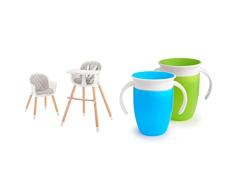 Kinderkraft Trona Bebé 2 en 1 SIENNA, Silla Infantil, Bandeja Desmontable, Gris & Munchkin Miracle 360 Vaso Aprendizaje Bebe Antiderrames, Azul/Verde, 207 ml, 2 Paquetes