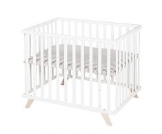 roba Parque Infantil de Madera Maciza Ecológica 75 x 100 cm + Tapete de Parque Lil Planet Gris - Certificado OEKO-TEX y GOTS - Base Ajustable en Altura - Diseño Retro - Lacado Blanco