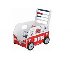 Carrito Teddy College andador fabricado en DM y madera maciza , decorado como autobús, con cubículo central provisto de almohada y mantita, para un peso máximo de 20 kg, ruedas de madera con aros de caucho, múltiples funciones