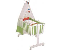 Juego de moises completo roba en diseño Woodland marriage (40x90cm), moises en madera lacada en blanco, cuna balancin con función de bloqueo, equipada con vestiduras (80x80cm).