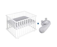 roba Parque Infantil 75 x 100 cm + Cojín Serpiente y Alfombra de Corralito roba Style Gris, Altura Ajustable, Ruedas con Frenos, Madera Blanca