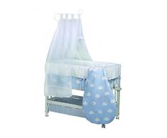 Cuna de colecho roba 3 en 1 Little cloud azul, cuna de colecho, cuna normal y banco infantil, fabricada en madera y lacada en blanco. Textiles y saco de dormir.