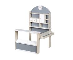 roba Tienda de Juguete para Niños en Madera - Supermercado con 6 Compartimentos, 3 Cajones y Pequeño Armario - 2 Mostradores y Reloj con Agujas Móviles - Blanco / Gris