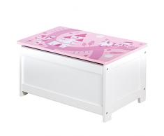Baul juguetero roba Corona, asiento y baul juguetero para cuarto de niños, juguetero decorado con motivos de princesas en rosa.