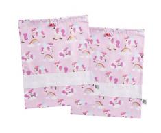 FILET - Juego de 2 bolsas de guardería de fantasía unicornios, bolsas de tela ideales para guardar el cambio, el corsé, los zapatos, con tela Aida para bordar, Made in Italy, 42 x 34 cm, rosa