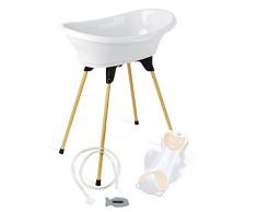 THERMOBABY – Pack de bañera para bebé VASCO 5 en 1 – Bañera, pie de madera, manguera de drenaje, tumbona de baño, termómetro – blanco candidiasis – Plegable y estable – Fabricado en Francia