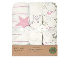 Duffi Baby - Pack 3 Gasas Bebe Bambu Estampadas. Set Tres Gasas para Bebes Rectangulares 55 x 70 cm. Manta Verano Bebe 100% Bambú Suave. Toallas Bebe Recien Nacido. Color Rosa. 0787-06