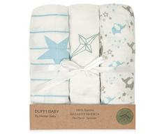 Duffi Baby - Pack 3 Gasas Bebe Bambu Estampadas. Set Tres Gasas para Bebes Rectangulares 55 x 70 cm. Manta verano bebe 100% Bambú Suave. Toallas Bebe Recien Nacido. Color Azul. 0787-12