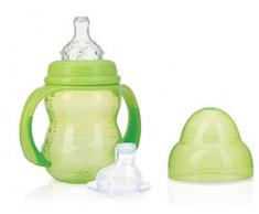 Nûby Biberón de entrenamiento con boquilla antigoteo – 240ml - 6m+ Verde - Taza con asas