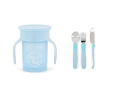 Twistshake 360 Cup Vaso Antiderrames Entrenamiento con Asas Sin BPA, 6+ Meses, Azul Pastel és de Acero Inoxidable, con Tenedor, Cuchillo y Cuchara, Azul Pastel