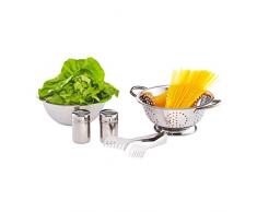 Relaxdays - Juego de 5 bandejas de servir para pasta, colador de cocina, pinzas para pasta, 2 especieros, para cocinar espaguetis, acero inoxidable, color plateado