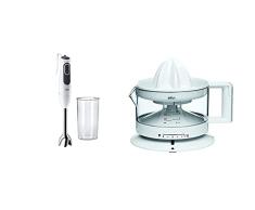 Braun Hogar Minipimer 3 Vario MQ3100WH Smoothie Batidora de Mano de 750W con Brazo de Metal, 11 Velocidades + CJ3000 WH Exprimidor Eléctrico de Naranjas, 20 W, 350 ml