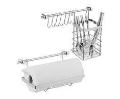 Relaxdays Porta Utensilios Cocina, Set Organizador, Portarrollos y Escurridor Cubiertos, 6 Ganchos, Hierro, Plateado, plata