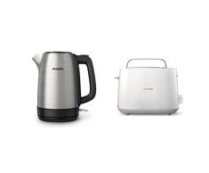 Philips Daily HD9350/90 Hervidor de Agua, 2200 W, 1.7 Litros, Inox + Daily HD2581/00 -Tostador 830 W, Doble Ranura, Color Blanco