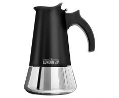 The London Sip Cafetera clásica Italiana de Inducción en Acero Inoxidable - Prepare café de calidad al estilo italiano en tu casa con esta cafetera Moka Pot en Cromo Moderno - Negro, 6 tazas