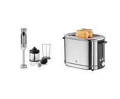 WMF Lineo Batidora de mano 4 en 1, 700 w,vaso medidor 1 Litro + Lono Tostadora, 900 W, 2 ranuras, 7 niveles de tueste, modo descongelar, luces led, acero inoxidable de cromargan