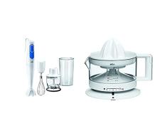 Braun Hogar Minipimer 3 MQ3025 Batidora de Mano de 700W, 2 Velocidades, Antisalpicaduras + CJ3000 WH Exprimidor Eléctrico de Naranjas, 20 W, 350 ml