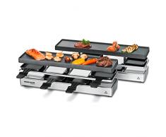 ROMMELSBACHER RC 1600 - Barbacoa para raclette (4 + 4, para 8 personas, extensible, de aluminio, con revestimiento antiadherente Xylan Plus, 1590 W), color plateado
