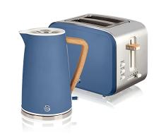 Swan Nordic Set Desayuno Hervidor de agua inalámbrico 1,7L 2200W, Tostadora Pan ranura ancha 2 rebanadas, 3 funciones, diseño moderno, efecto madera, azul mate