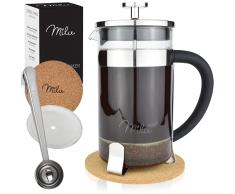 Milu cafetera francesa | 350ml, 600ml, 1L | prensa francesa cafetera embolo de vidrio - French Press Cafetera Tetera leche chocolate café (Acero inoxidable, 600ml (3 tazas)
