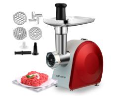 Edihome, Picadora de Carne Eléctrica, Marcha avance y Retroceso, Máquina para picar Carne Profesional, 2200W, Multifuncional con 3 placas de Corte y Embutidor de Salchichas (Blanco y Rojo)